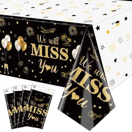 4 Pack We Will Miss You Tischtücher, 130x220cm Ruhestand Thematische Rechteckige Tischdecken Abschiedsparty Tischdecken für Abschiedsparty Dekorationen Ruhestand Party Dekoration, Schwarz Gold von QUERICKY