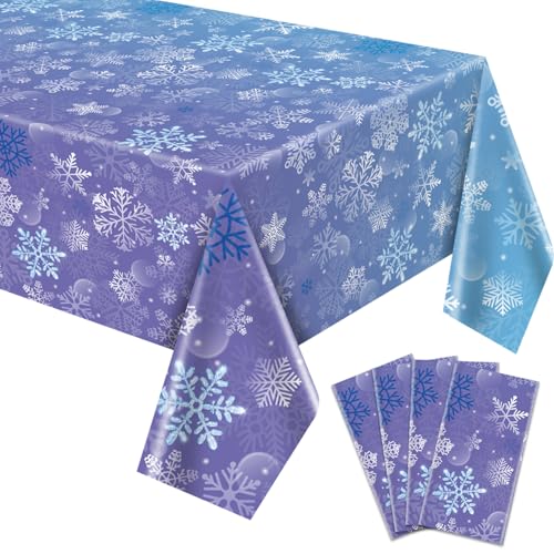 4 Stück Winter Schneeflocken Tischdecken, 220x130cm blau und lila Schneeflocken Tischdecke Winter Wonderland Geburtstag Kulisse Dekorationen für Mädchen Prinzessin Party Weihnachten Winterurlaub Party von QUERICKY