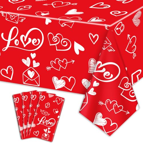 4er Pack Valentinstag Tischdecken, 220x130cm Rechteck Valentinstag Liebe Herz Tischdecke für Valentinstag Party Dekorationen Jubiläum Vorschlag Verlobung Hochzeiten Dekor, Rot von QUERICKY