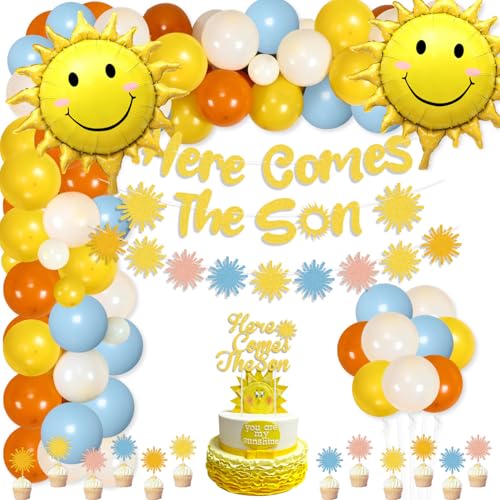 Here Comes The Son Baby Dusche Dekorationen, umfassen Here Comes The Son Banner, Gold Glitter Sonnenschein Banner, Kuchen Topper, Boho Ballons für Retro Hippie Baby Dusche, Jungen 1. von QUERICKY