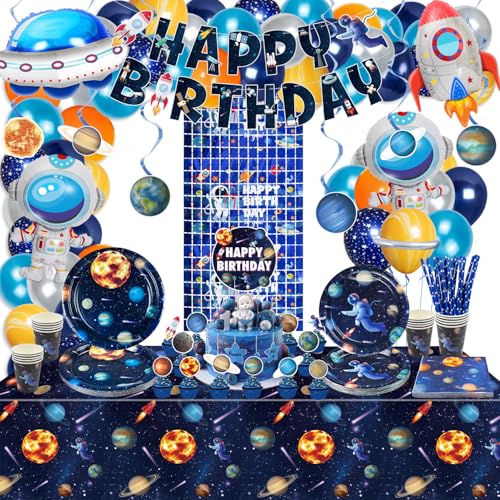 Outer Space Birthday Party Dekorationen, einschließlich Happy Birthday Banner, Teller, Ballons, Solar Swirl Dekorationen, Tischdecke, Servietten, Tassen für Kinder Space Birthday Party, für 20 Gäste von QUERICKY