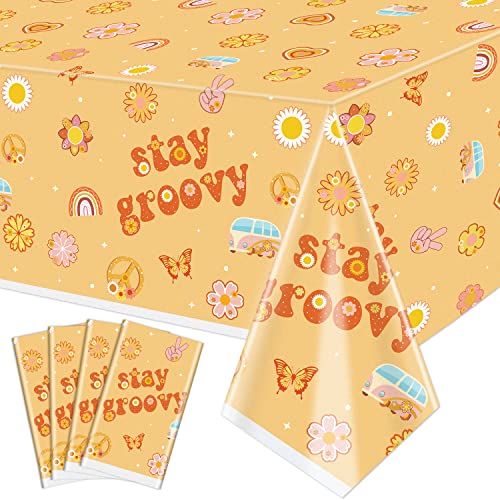 4 Pack Stay Groovy Tischdecken, Retro Hippie Boho Party Tischdecke, 51x87'' Rechteck Tischdecken Gänseblümchen Blume Regenbogen Party Dekorationen für Boho Retro Thema 60er 70er Jahre Party Dekor von QUERICKY