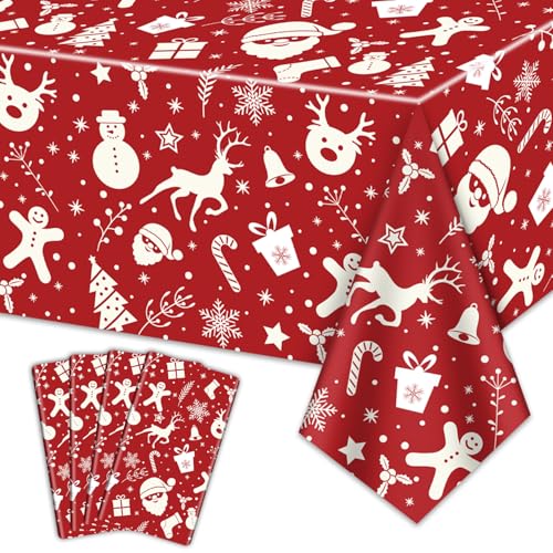 Weihnachten Tischdecken für Rechteck Tisch, 220x130cm Weihnachtsmann Schneemann Rentier Schneeflocke Weihnachten Tischdecke für Weihnachtsfeier Winter Events Dekorationen, Rot, 4er Pack von QUERICKY