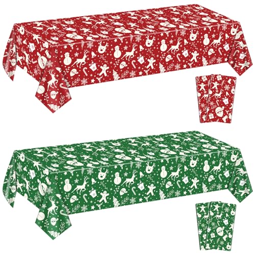 Weihnachten Tischdecken für Rechteck Tisch, 220x130cm Weihnachtsmann Schneemann Rentier Schneeflocke Weihnachten Tischdecke für Weihnachtsfeier Winter Events Dekorationen, Rot und Grün, 4er Pack von QUERICKY