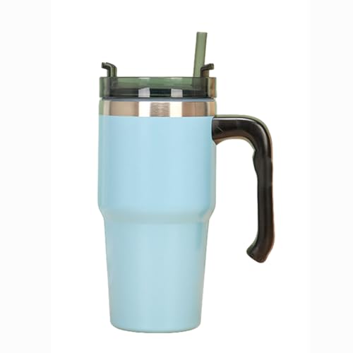 QUHUOYAO Thermobecher mit Strohhalm, isolierte Edelstahl-Wasserflasche, Eiskaffeetasse, Reisebecher, 590 ml, Becher mit Henkel und Strohhalm, Kaffeebecher to go mit Griff und Deckel (Blau) von QUHUOYAO