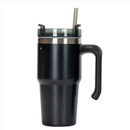 QUHUOYAO Thermobecher mit Strohhalm, isolierte Edelstahl-Wasserflasche, Eiskaffeetasse, Reisebecher, einfacher moderner 590 ml Becher mit Griff und Strohhalm, Kaffeebecher to go mit Griff und Deckel von QUHUOYAO