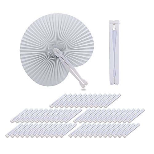 QUMAO 60 STK. Handgriff Fächer Handfächer Weiß Papierfächer Klappfächer Hand Fan Papier Hochzeit Party Faltbar Taschenfächer (Weiß (Rund)) von QUMAO