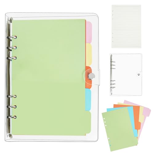 QUMENEY A5 Ringbuch Clear 6 Ringbuch mit Trennblätter und Nachfüllpapier Transparent PVC Notebook Cover Loose Leaf Folder mit 5 farbigen Binder Trennblätter Gefülltes Nachfüllpapier(135 Seiten) von QUMENEY