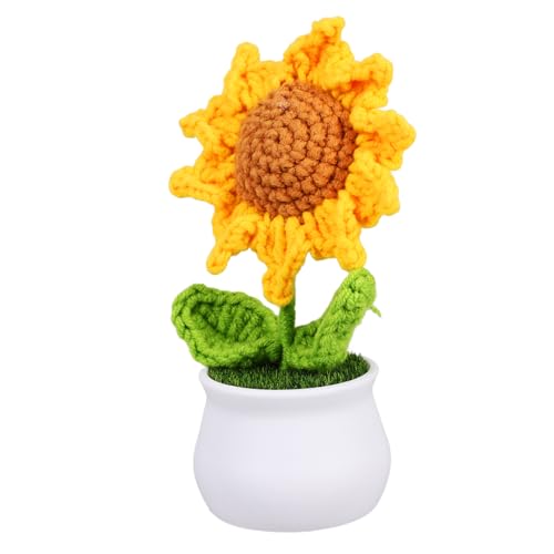 QUMIIRITY Eingetopfte Sonnenblume Cartoon Häkeln Blumentopfdekor Simulierte Gehäkelte Topfblume Fake Potting Häkelblume Fertig Gehäkelte Desktop-blumendekor Gehäkelte Pflanzen Plastik von QUMIIRITY