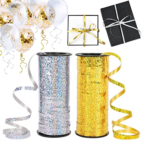 Geschenkband Ringelband Gold Silber, Deko Band Polyband Ballonband Curling Ribbon für Geburtstag Hochzeit Luftballons, 5mm Breit Glitzer Bastelband zum Weihnachten Geschenkverpackung Basteln Deko von QUOHE