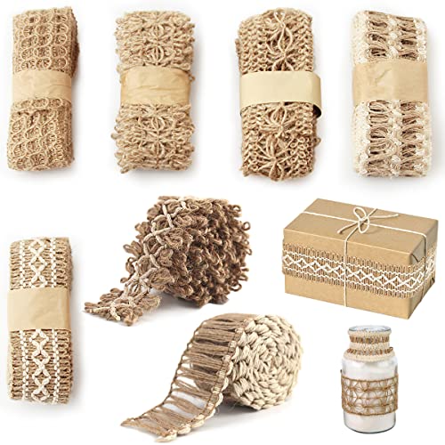 Juteband Natur, 7 Rollen Sackleinen Band Vintage Geschenkband Breit Schleifenband Jute Spitze, Natürliche Hessische Dekoband Leinenband für Weihnachten Hochzeit Geschenkverpackung Handwerk Basteln DIY von QUOHE