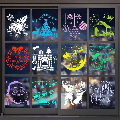 Schablonen Weihnachten Set, 12 Stk Zeichenschablonen Malschablonen für Glas Schneespray Fenster Sprühen Geschenkkarten DIY, Kinder Zeichnen Stencil Merry Christmas Schriftzug Malen Schablone Vorlage von QUOHE