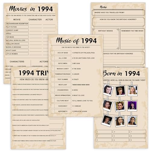 QUPT 50 Stück Karten Partyspiele 30 Geburtstag Geboren 1994 Spiele Bundle Set mit 5 Aktivitäten für 10 Gäste Geburtstag Party Supplies für Erwachsene von QUPT