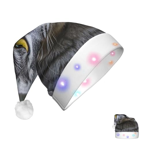 QVUEagriSJ Weihnachtsmütze für Erwachsene, mit LED-Lichtern, Katzen mit gelben Augen, Weihnachtsmannmütze, leuchtende Plüschmützen für Party, Urlaub von QVUEagriSJ