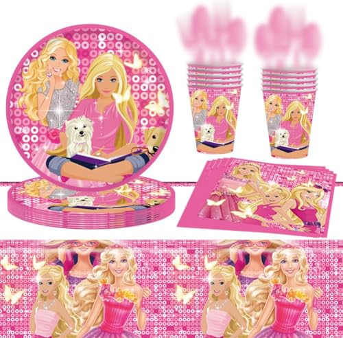 QWEPU 61 PCS Kinder Prinzessin Geburtstag Deko, Rosa Barbie Partygeschirr Set, Pappteller Servietten Becher Tischtücher von QWEPU