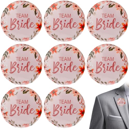 JGA Braut Button Set,Jga Accessoires Frauen,Team Bride, JGA Buttons,8PCS Hochzeit Party Rote Blume Blätter Team Braut Party Dekoration Abzeichen für Spiele Party,Hochzeit,Engagement Feiern (Rosa) von QWEPU