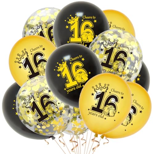 Luftballons 16.Geburtstag Deko,Luftballons Geburtstag 16 Schwarz Gold Banner und 12 PCS 16. Happy Birthday Konfetti Ballons für Deko Jubiläum Geburtstagsparty Dekoration von QWEPU