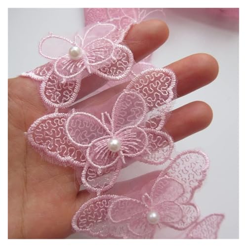 Bandbesätze for Nähen, Verzierungen for Kleidung, 100 cm rosa Schmetterlings-Blumen-Perlen-Spitzenkantenbesatz von QWFVHJ