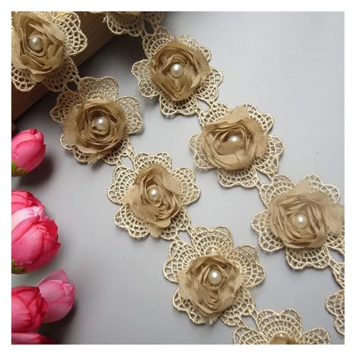 Bandbesätze for Nähen, Verzierungen for Kleidung, 2 Yards Gold-Rosen-Blumen-Perlen-Spitzenkantenbesatz von QWFVHJ