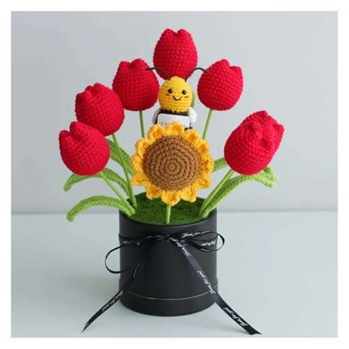 QWFVHJ Gestrickter Blumenstrauß, Künstliche Blumen, Häkelblumen, Verpackter Blumenstrauß, Häkelblume, handgewebte Wollstrickblumen zur Heimdekoration(Bee Tulip) von QWFVHJ