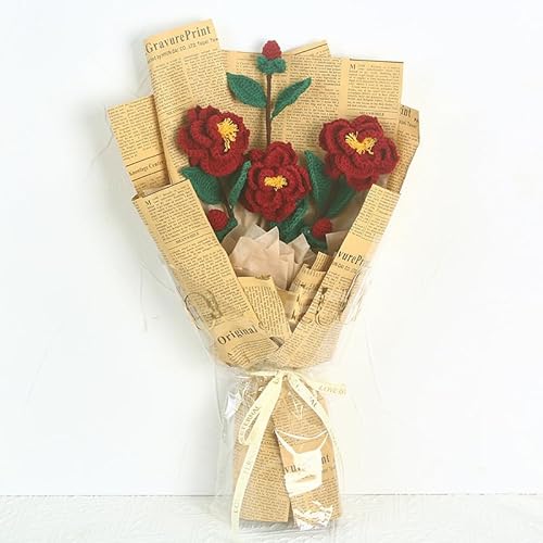 QWFVHJ Gestrickter Blumenstrauß, Künstliche Blumen, Häkelblumen, Verpackter Blumenstrauß, Häkelblume, handgewebte Wollstrickblumen zur Heimdekoration(Red) von QWFVHJ