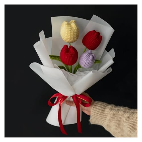 QWFVHJ Gestrickter Blumenstrauß, Künstliche Blumen, Häkelblumen, Verpackter Blumenstrauß, Häkelblume, handgewebte Wollstrickblumen zur Heimdekoration(Tulips) von QWFVHJ