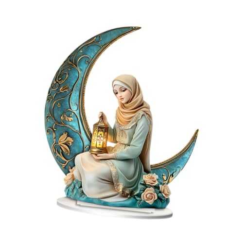 QWFVHJ Ramadan-Dekorationen for den Heimtisch, Ramadan-Mubarak-Schild, 2D-Eid-Mond-Ornament, Ramadan-Dekor for Frauen, hält Laterne, kreatives flaches Acrylschild von QWFVHJ