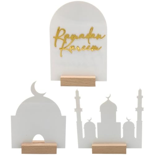 QWFVHJ Ramadan-Dekorationen for den Heimtisch, Ramadan-Mubarak-Schild, 3 Ramadan-Tischornamente, islamisches Acryl-Schlossornament, Eid-Mubarak-Ornament, Ramadan von QWFVHJ