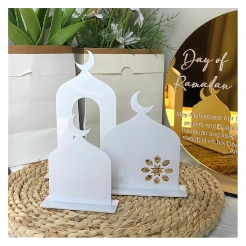 QWFVHJ Ramadan-Dekorationen for den Heimtisch, Ramadan-Mubarak-Schild, Ramadan-Muslim-Desktop-Ornament, Halbmond-Schloss, Acrylschild, islamische muslimische Geschenke, Ramadan, Eid(White) von QWFVHJ