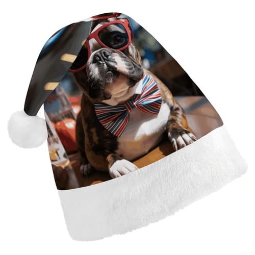 QWHJK Rote Weihnachtsmütze für Erwachsene, Bulldogge mit Sonnenbrille, lustige Weihnachtsmütze, dekorative Weihnachtsmütze, Festival-Erwachsenenhüte von QWHJK