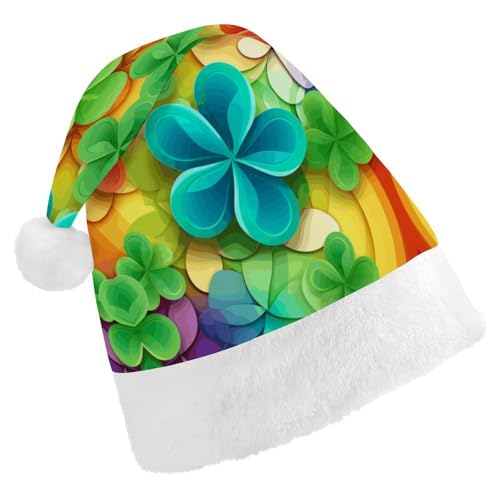 QWHJK Rote Weihnachtsmütze für Erwachsene, Regenbogen-Kreis, Kleeblatt-Druck, lustige Weihnachtsmütze, dekorative Weihnachtsmütze, Festival-Erwachsene von QWHJK