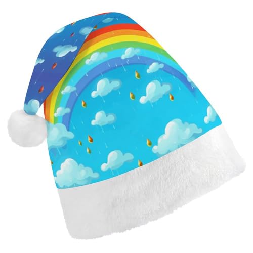 QWHJK Rote Weihnachtsmütze für Erwachsene, Regenbogenwolken, Regentropfen-Druck, lustige Weihnachtsmütze, dekorative Weihnachtsmütze, Festival-Erwachsenenhüte von QWHJK