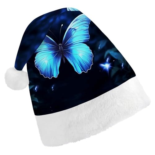 QWHJK Rote Weihnachtsmütze für Erwachsene, blauer Schmetterlingsdruck, lustige Weihnachtsmütze, dekorative Weihnachtsmütze, Festival-Erwachsenenhüte von QWHJK