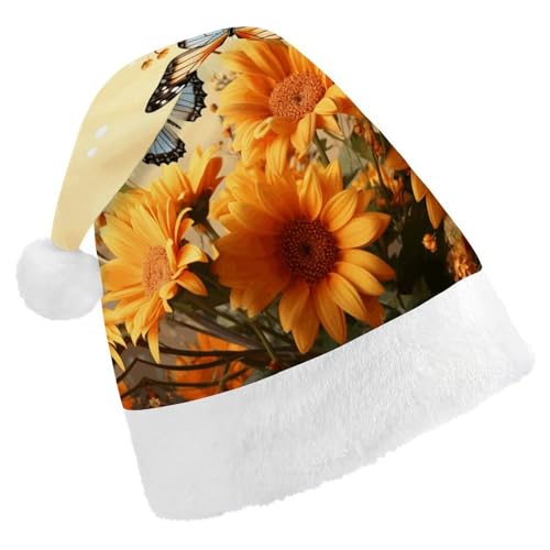 QWHJK Rote Weihnachtsmütze für Erwachsene, niedlicher Sonnenblumen- und Schmetterlingsdruck, lustige Weihnachtsmütze, dekorative Weihnachtsmütze, Festival-Erwachsenenhüte von QWHJK