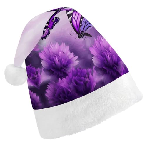 QWHJK Rote Weihnachtsmütze für Erwachsene, violette Blumen- und Schmetterlinge, lustige Weihnachtsmütze, dekorative Weihnachtsmütze, Festival-Erwachsene von QWHJK