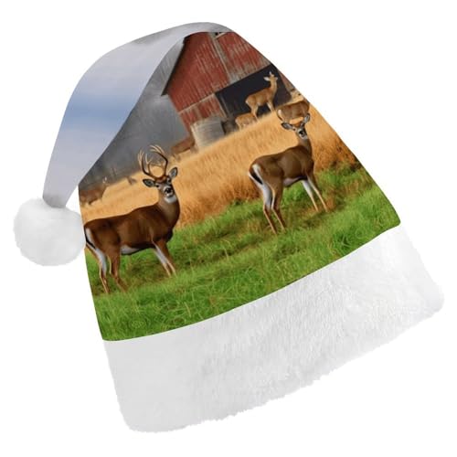 QWHJK Weihnachtsmütze für Erwachsene, Bauernhof mit Hirsch-Druck, lustige Weihnachtsmütze, dekorative Weihnachtsmütze, Festival-Erwachsenenhüte von QWHJK