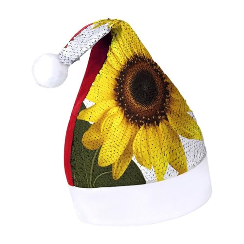 QWHJK Weihnachtsmütze für Erwachsene, Blumen-Sonnenblumen-Druck, Karnevalshut, festliche Partyhut, Pailletten-Weihnachtsmannmütze von QWHJK