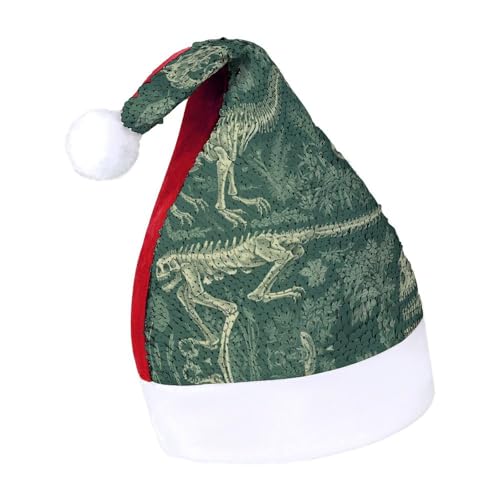 QWHJK Weihnachtsmütze für Erwachsene, Dinosaurier-Skelett-Druck, Karnevalshut, festliche Partyhut, Pailletten-Weihnachtsmannmütze von QWHJK