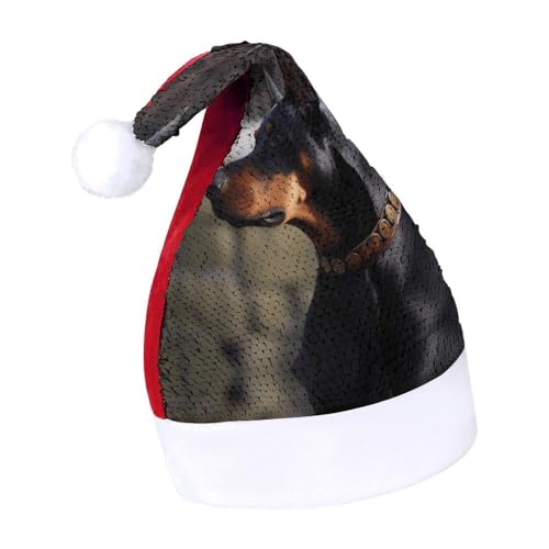 QWHJK Weihnachtsmütze für Erwachsene, Dobermann-Druck, Karnevalshut, festliche Partyhut, Pailletten-Weihnachtsmannmütze von QWHJK