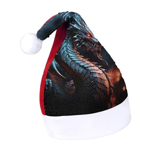 QWHJK Weihnachtsmütze für Erwachsene, Drachen-Druck, Karnevalshut, festliche Partyhut, Pailletten-Weihnachtsmannmütze von QWHJK