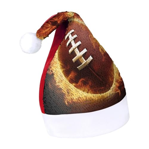 QWHJK Weihnachtsmütze für Erwachsene, Flaming American Football-Druck, Karnevalshut, festliche Partyhut, Pailletten-Weihnachtsmannmütze von QWHJK