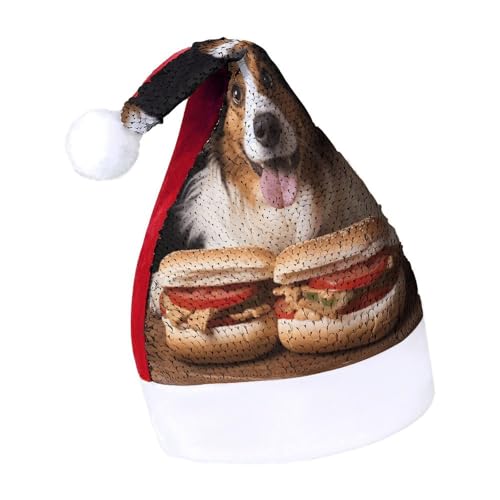 QWHJK Weihnachtsmütze für Erwachsene, Hund mit Hotdog-Druck, Karnevalshut, festliche Partyhut, Pailletten-Weihnachtsmannmütze von QWHJK