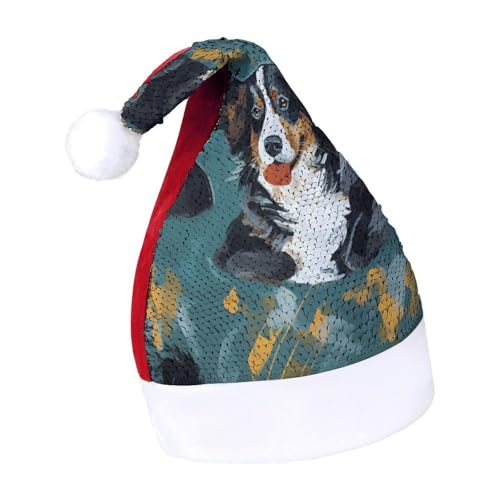 QWHJK Weihnachtsmütze für Erwachsene, Hunde-Druck, Karnevalshut, festliche Partyhut, Pailletten-Weihnachtsmannmütze von QWHJK