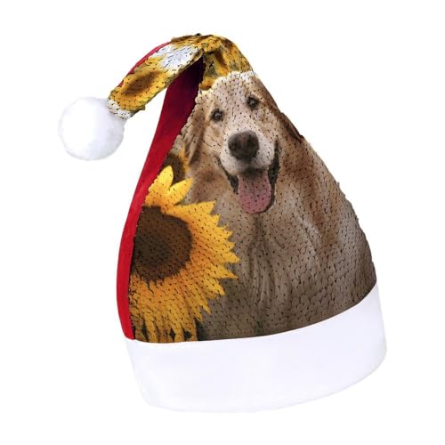 QWHJK Weihnachtsmütze für Erwachsene, Hunde- und Sonnenblumen-Druck, Karnevalshut, festliche Partyhut, Pailletten-Weihnachtsmannmütze von QWHJK