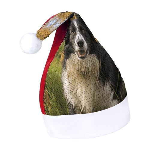 QWHJK Weihnachtsmütze für Erwachsene, Mohado Border Collie, Hunde-Druck, Karnevalshut, festliche Partyhut, Pailletten-Weihnachtsmannmütze von QWHJK