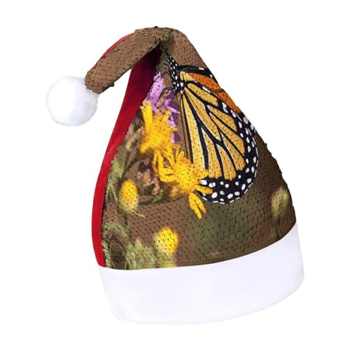 QWHJK Weihnachtsmütze für Erwachsene, Monarch-Schmetterling-Druck, Karnevalshut, festliche Partyhut, Pailletten-Weihnachtsmannmütze von QWHJK