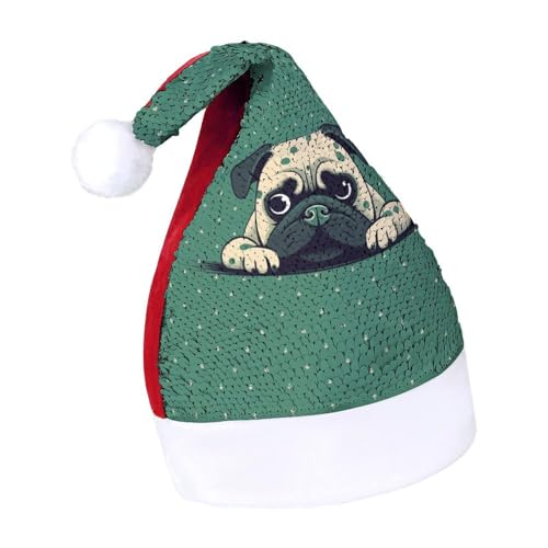 QWHJK Weihnachtsmütze für Erwachsene, Mops, grün gepunktet, Karnevalshut, festliche Partyhut, Pailletten-Weihnachtsmannmütze von QWHJK