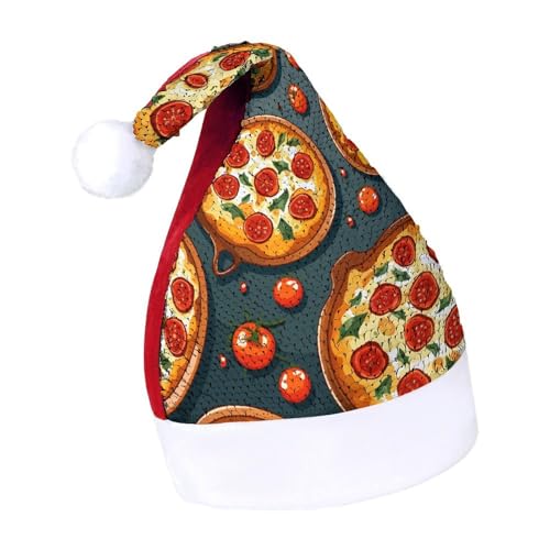 QWHJK Weihnachtsmütze für Erwachsene, Pizza-Aufdruck, Karnevalshut, festliche Partyhut, Pailletten-Weihnachtsmannmütze von QWHJK