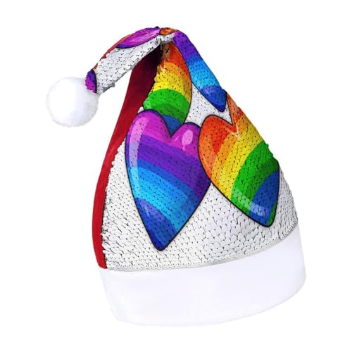 QWHJK Weihnachtsmütze für Erwachsene, Regenbogenfarben, Herz-Druck, Karnevalshut, festliche Partyhut, Pailletten-Weihnachtsmannmütze von QWHJK