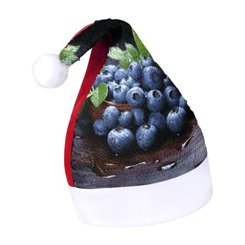 QWHJK Weihnachtsmütze für Erwachsene, köstlicher Blaubeeren-Druck, Karnevalshut, festliche Partyhut, Pailletten-Weihnachtsmannmütze von QWHJK